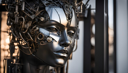 A metal sculpture of a woman's face with a metal frame around it - robotic - cyborg.