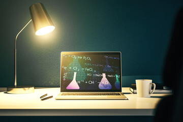 Creative chemistry hologram on modern laptop monitor, pharmaceutical research concept. 3D Rendering