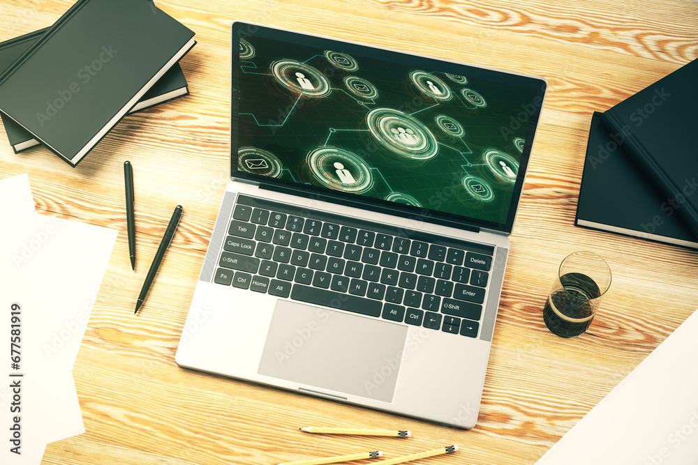 Aufkleber Modern computer display with social network icons concept. Networking concept. 3D Rendering