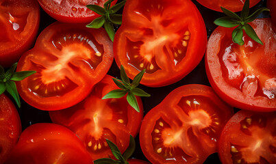 Fresh Red Tomato Slices with Leaves