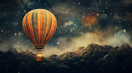 Hot air balloon against night sky. Mixed media