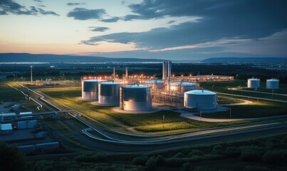 Modern industrial plant. Big oil tanks in refinery base. Storage of chemical products like oil, petrol, gas. Aerial view of petrol industrial zone at sunset.