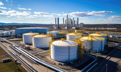 Modern industrial plant. Big oil tanks in refinery base. Storage of chemical products like oil, petrol, gas. Aerial view of petrol industrial zone.