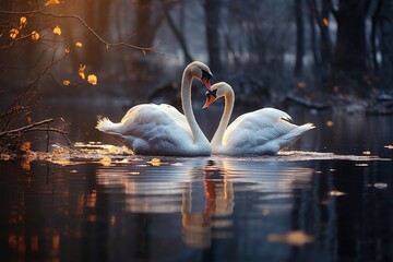 Two swans in love swimming in autumn lake. Pair white swans in heart shape floating in pond