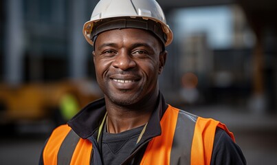 Portrait of smiling African American worker man in helmet. Black male engineer wearing safety vest and hard hat standing in manufacturing or construction site. Positive emotion good job.