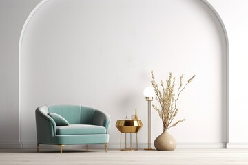 Interior of modern living room with brass coffee table and white armchair, empty wall with turquoise arch. Home design. 3d rendering, Generative AI - obrazy, fototapety, plakaty