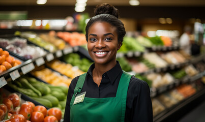 Portrait of smiling african american woman shop worker standing in supermarket. Young female food store assistant vegetable and fruit retailer. Grocery store manager. - obrazy, fototapety, plakaty