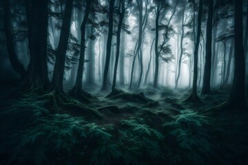 A dense fog rolling in over a mysterious forest, with trees shrouded in the ethereal light of the evening