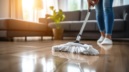 Close-up woman cleaning the flooring with a mop in bright white living room.