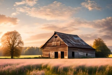 A serene countryside scene with a rustic barn, surrounded by fields, as the sky transforms into a...