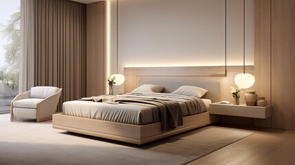 Modern interior design of bedroom with king size wooden bed, white walls with lights. Created with Ai