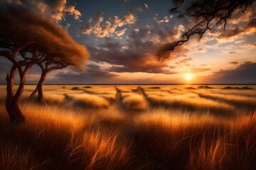 A vast savannah with tall grass swaying in the evening breeze, under the canvas of a dramatic sunset sky