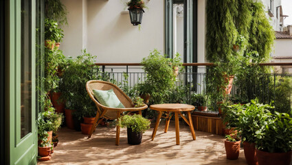 Fototapeta na wymiar Beautiful balcony or terrace with wooden floor, chair and green potted flowers plant. Cozy relaxing area at home