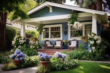 Fototapeta premium Welcome Home: Charming Family Abode with Inviting Front Porch and Lush Garden