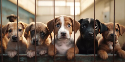 sad look of puppies in an animal shelter, behind bars, in the hope that they will be taken and sheltered. banner - obrazy, fototapety, plakaty