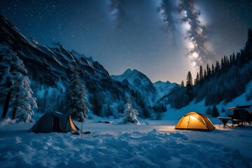Winter camping under a starlit sky, with snow-covered mountains and a serene snowfall creating a dreamlike setting.
