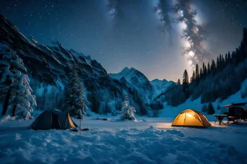 Photo sur Plexiglas Plage de Camps Bay, Le Cap, Afrique du Sud Winter camping under a starlit sky, with snow-covered mountains and a serene snowfall creating a dreamlike setting.
