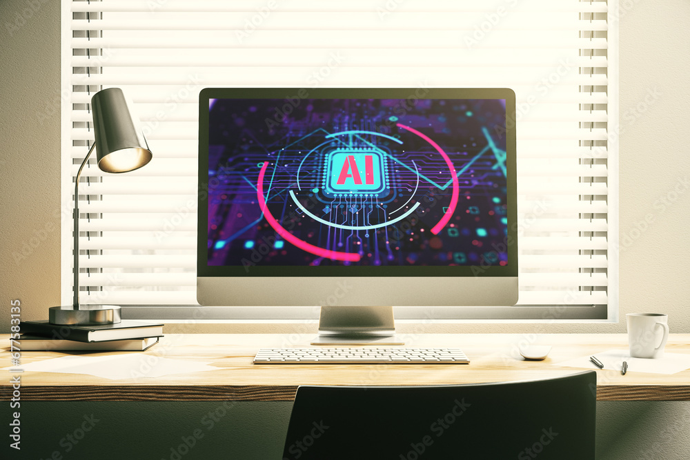 Poster Computer monitor with creative artificial Intelligence abbreviation. Future technology and AI concept. 3D Rendering