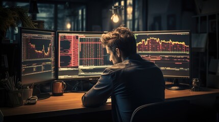 Stressed trader stock trader sitting in front of his screens on his desk, Depressed and frustrated in front of his screen with a losing stock chart. - obrazy, fototapety, plakaty
