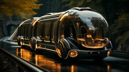 AI illustration of a long yellow bus parked on an asphalt road