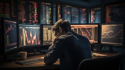 Stressed trader stock trader sitting in front of his screens on his desk, Depressed and frustrated in front of his screen with a losing stock chart.