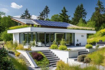 Fototapeta na wymiar Modern Eco-Friendly House with Solar Panels in Natural Landscape