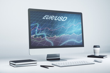 Creative EURO USD financial graph illustration on modern computer monitor, forex and currency concept. 3D Rendering