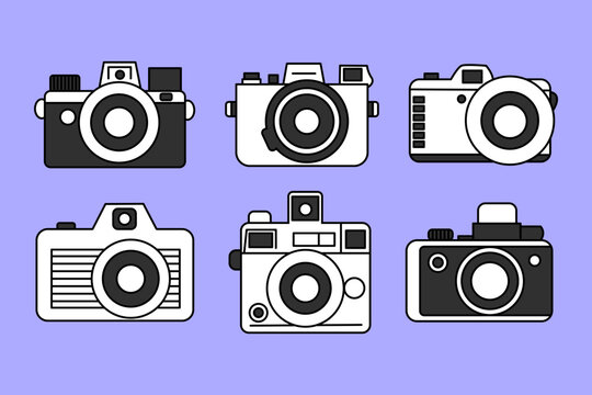 Clipart set of minimalistic retro camera doodles on a bright purple background. Playful vintage film cameras in black and white.