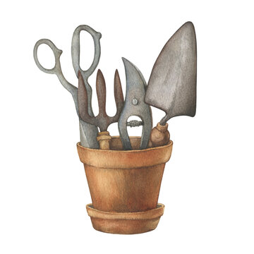 recommend clip art: Flower pot with gardening tools (scissors, pruners, scoop and rake). Rustic farmhouse decor, vintage garden utensil. Hand drawn watercolor painting illustration isolated on white background.