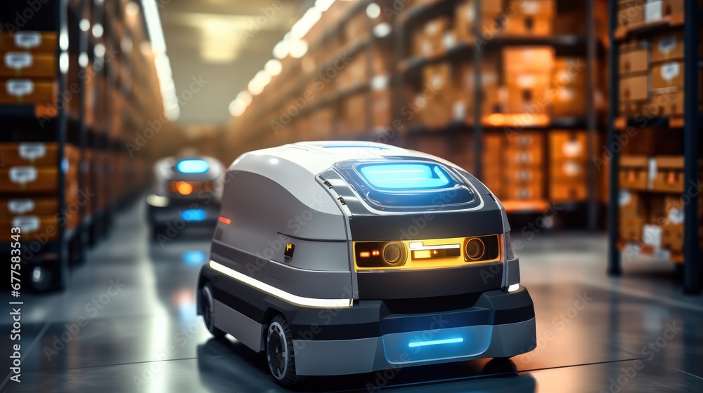 Leinwandbilder autonomous mobile robots move goods indoors. self-driving carts sort storage.
