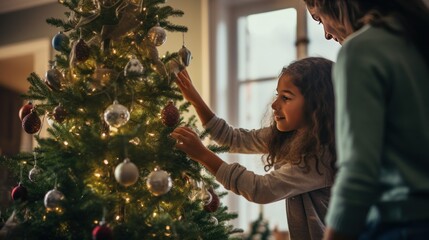 mother and daughter decorate the Christmas tree at home, back view, banner - Powered by Adobe