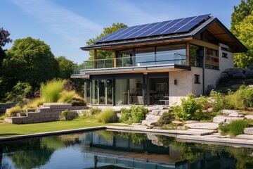 Modern Eco-Friendly House with Solar Panels in Natural Landscape