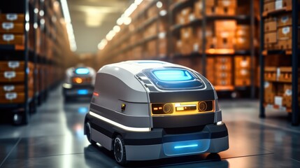 Fototapeta na wymiar Autonomous mobile robots move goods indoors. Self-driving carts sort storage.