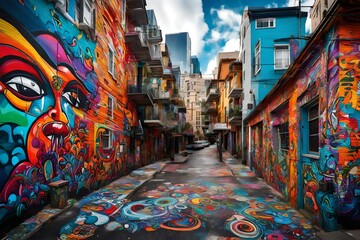 Naklejka premium A dull city block transformed into a captivating masterpiece with a vibrant street art mural, showcasing bold psychedelic colors and intricate designs, impeccably captured by an HD camera