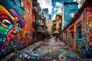 Foto op Aluminium A dull city block transformed into a captivating masterpiece with a vibrant street art mural, showcasing bold psychedelic colors and intricate designs, impeccably captured by an HD camera © SHAN.