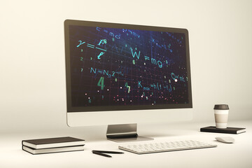 Creative scientific formula hologram on modern laptop monitor, research concept. 3D Rendering