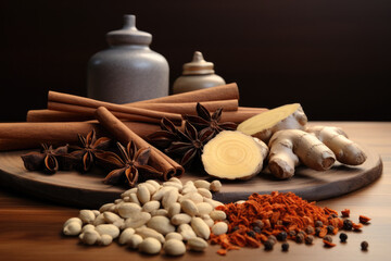 Fototapeta na wymiar Ginger root, Cinnamon, Cayenne pepper, Cardamom and cacao beans on a one desk.