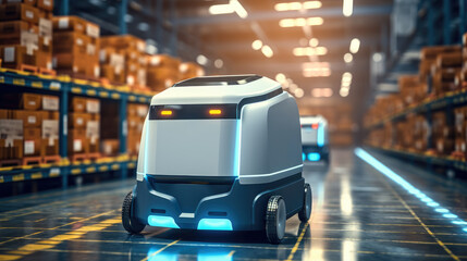 Autonomous mobile robots move goods indoors. Self-driving carts sort storage.
