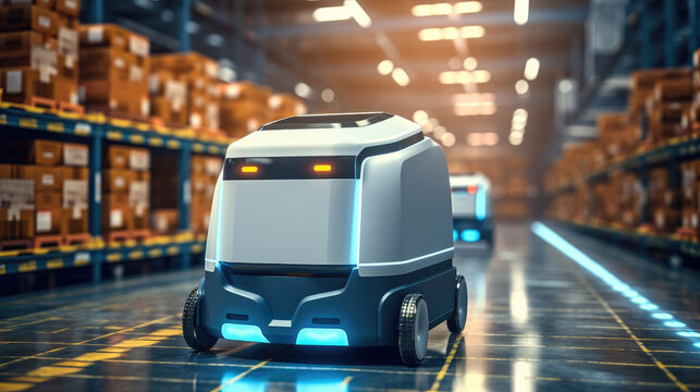 Autonomous mobile robots move goods indoors. Self-driving carts sort storage.