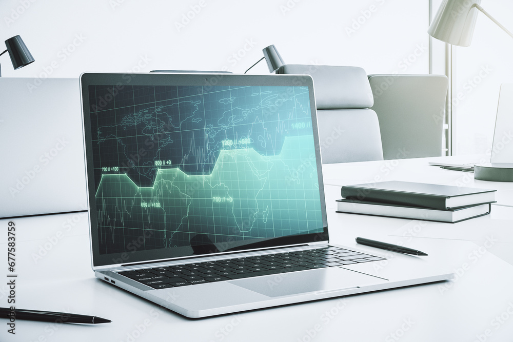 Poster modern computer monitor with abstract creative statistics data hologram, statistics and analytics co