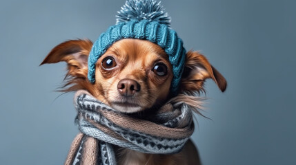 A dog in a blue scarf and hat. AI Generated