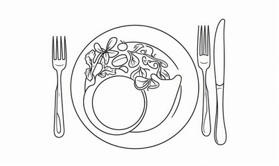 Continuous one line plate. Hand drawing art dinner theme with linear plate spoon knife fork for logo. Simple sketch design isolated on white background. AI - obrazy, fototapety, plakaty