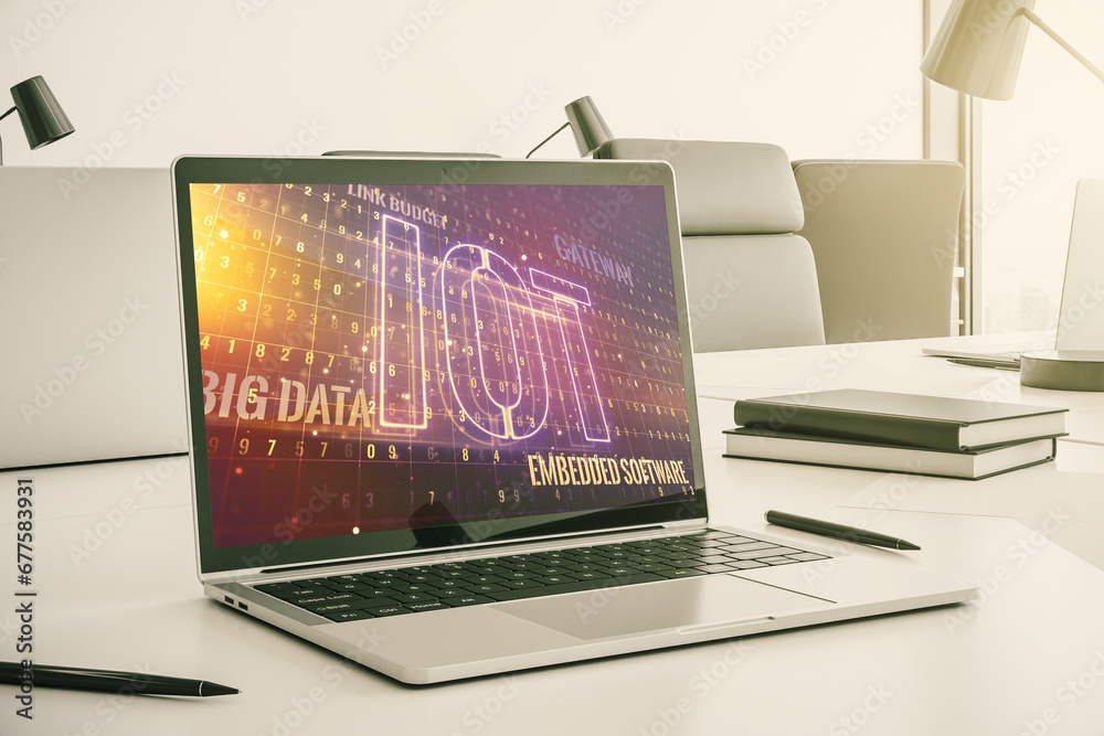 Poster creative iot concept on modern laptop screen. 3d rendering