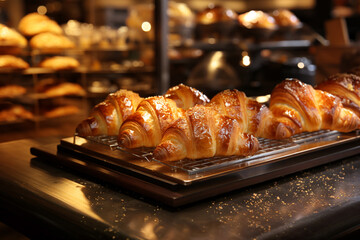 Croissants at a cafe or bakery, french breakfast in the morning with pastry - obrazy, fototapety, plakaty