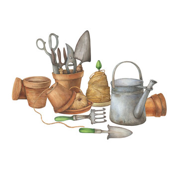 recommend clip art: Old twine holders, vintage garden tools in terracotta ceramic pots and watering can - rustic farmhouse decor, garden utensils. Hand drawn watercolor painting illustration isolated on white background.