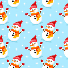 Christmas Vector Seamless Pattern with cute Snowman. Modern hand drawn colorful illustration.