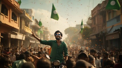 Celebrating independence day of Pakistan in the streets. - obrazy, fototapety, plakaty