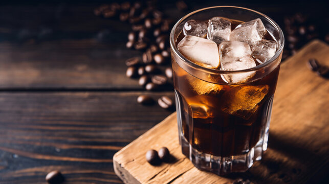 Iced coffee with ice cubes in glass on wooden table