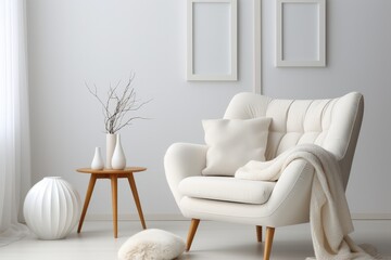 Cosy chair in a modern minimalistic Scandinavian style white room.