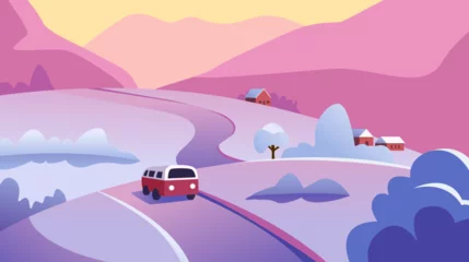 Gordijnen Mountain Winter Road Landscape with Travel Car Rides. Highway in Valley. Active Holiday Weekend. Vector illustration in Cartoon Style. © Viktoriia
